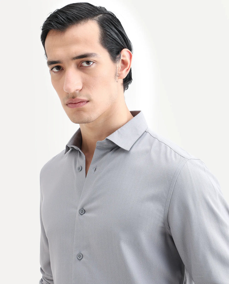 Rare Rabbit Men's Mer-Ss26 Grey Viscose Blend Fabric Full Sleeve Spread Collar Regular Fit Plain Shirt