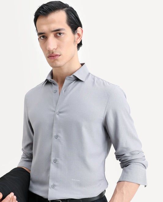 Rare Rabbit Men's Mer-Ss26 Grey Viscose Blend Fabric Full Sleeve Spread Collar Regular Fit Plain Shirt