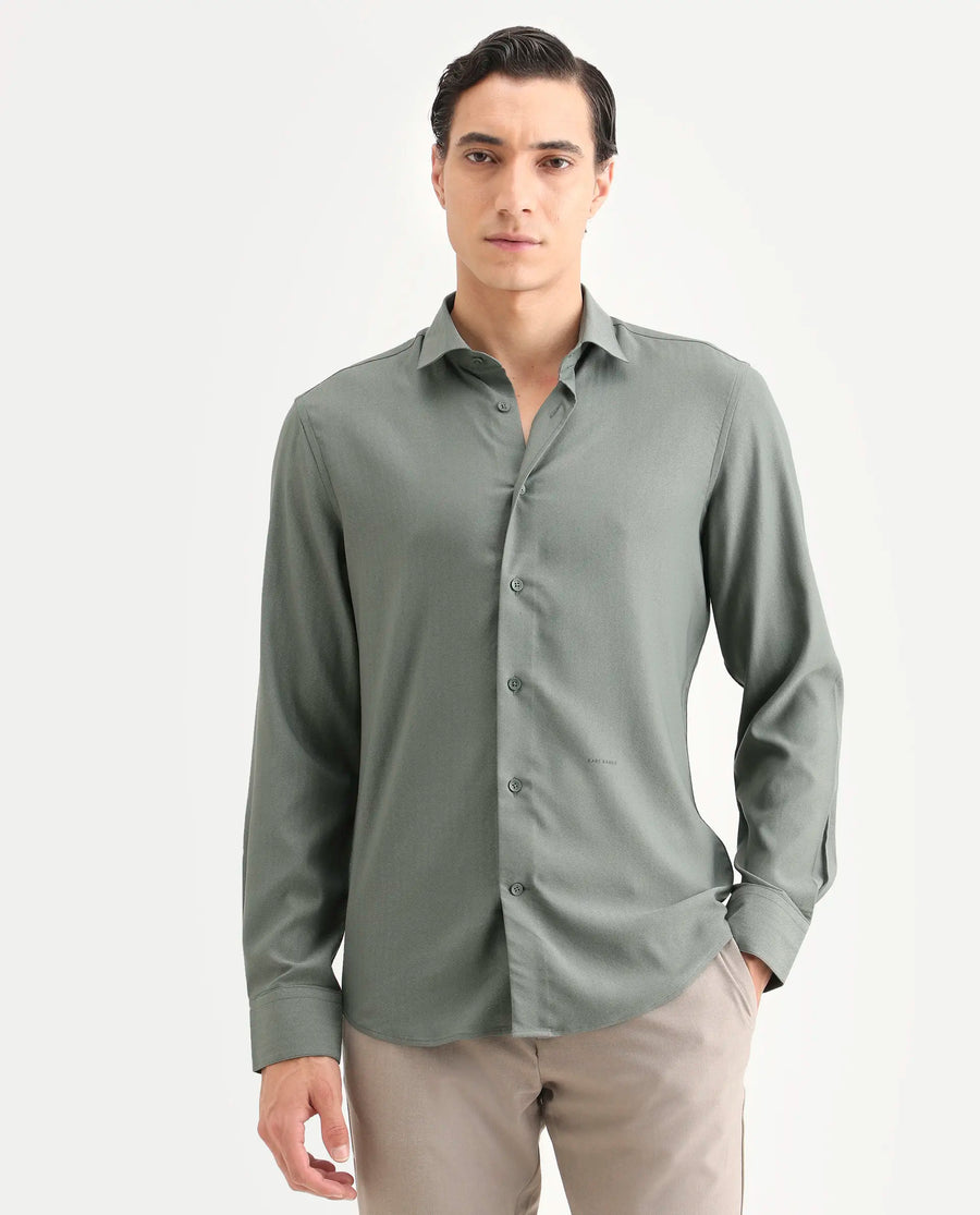 Rare Rabbit Men's Mer-Ss26 Dusky Green Viscose Blend Fabric Full Sleeve Spread Collar Regular Fit Plain Shirt