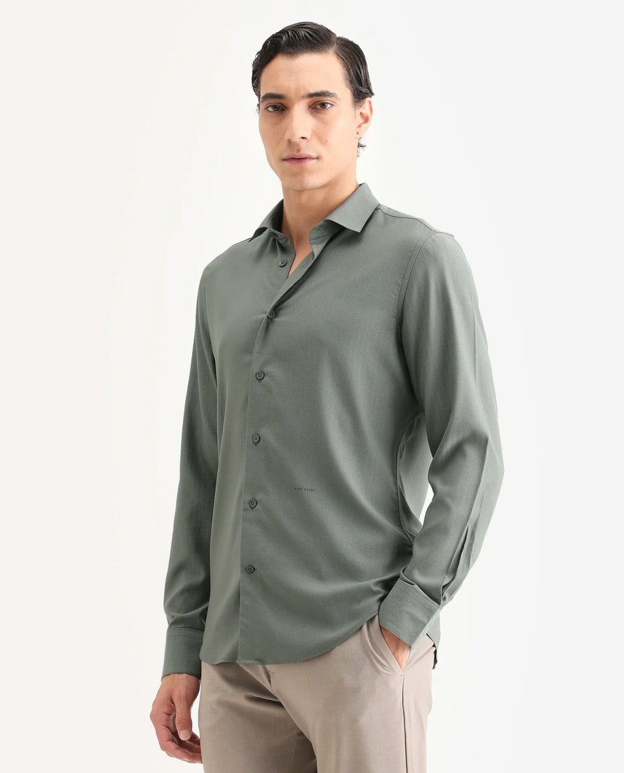 Rare Rabbit Men's Mer-Ss26 Dusky Green Viscose Blend Fabric Full Sleeve Spread Collar Regular Fit Plain Shirt