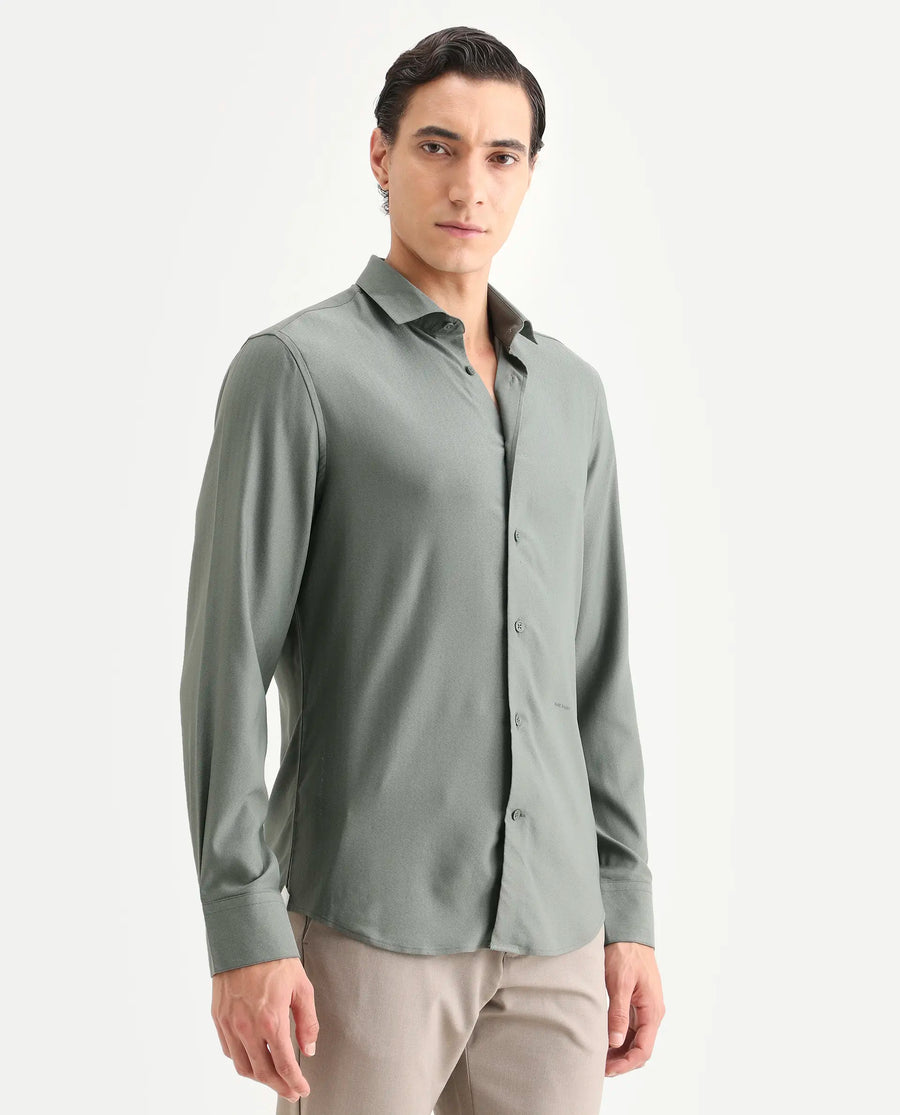Rare Rabbit Men's Mer-Ss26 Dusky Green Viscose Blend Fabric Full Sleeve Spread Collar Regular Fit Plain Shirt