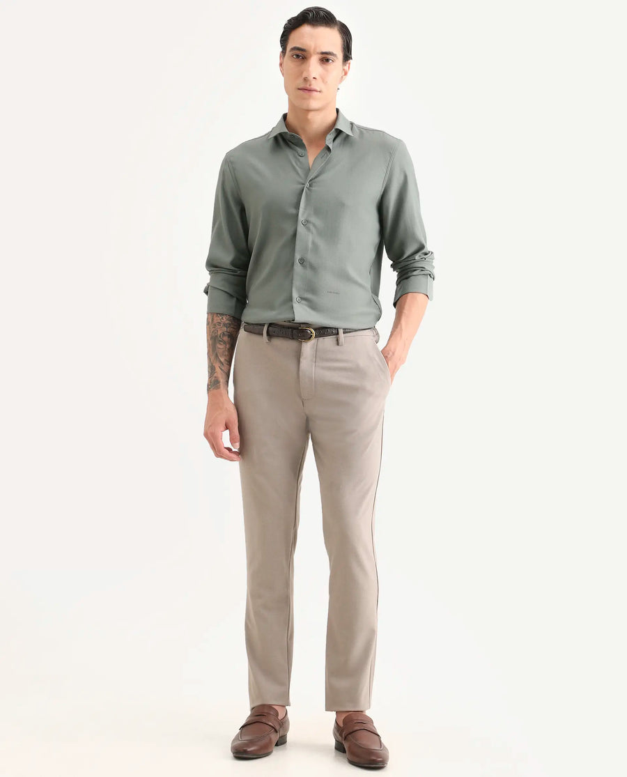 Rare Rabbit Men's Mer-Ss26 Dusky Green Viscose Blend Fabric Full Sleeve Spread Collar Regular Fit Plain Shirt