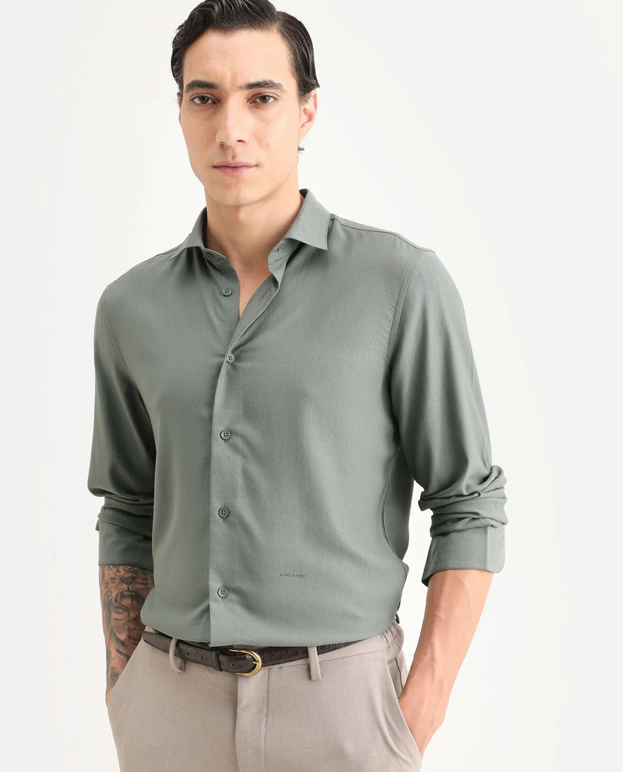 Rare Rabbit Men's Mer-Ss26 Dusky Green Viscose Blend Fabric Full Sleeve Spread Collar Regular Fit Plain Shirt
