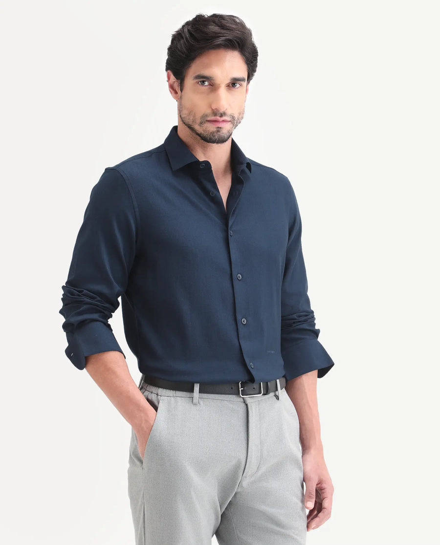 Rare Rabbit Men's Mer-Ss26 Navy Viscose Blend Fabric Full Sleeve Spread Collar Regular Fit Plain Shirt
