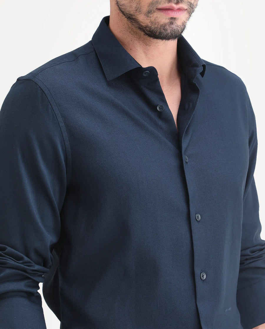 Rare Rabbit Men's Mer-Ss26 Navy Viscose Blend Fabric Full Sleeve Spread Collar Regular Fit Plain Shirt