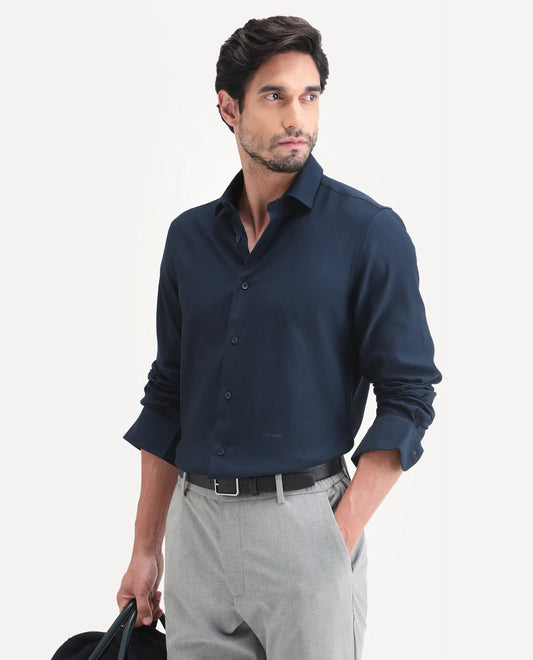 Rare Rabbit Men's Mer-Ss26 Navy Viscose Blend Fabric Full Sleeve Spread Collar Regular Fit Plain Shirt