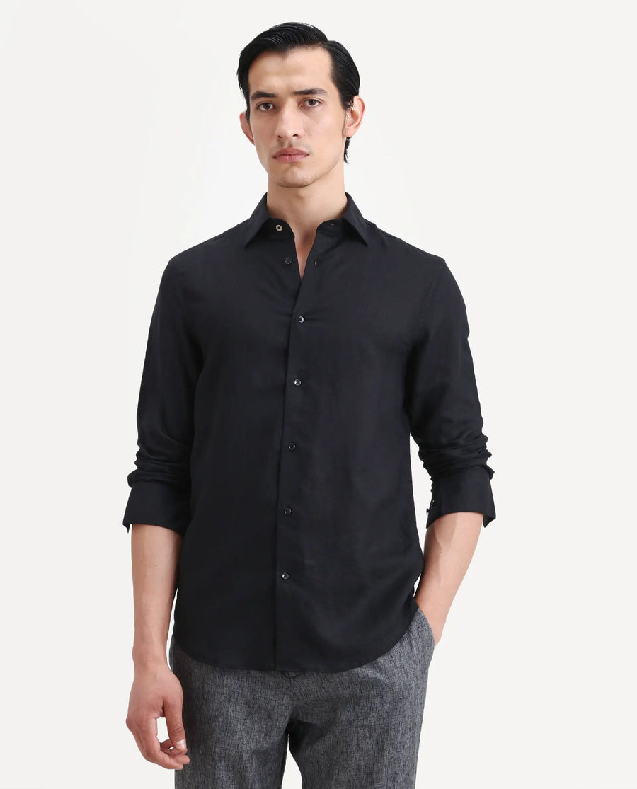 Rare Rabbit Men's Linex Ls Black Linen Blend Fabric Full Sleeve Spread Collar Regular Fit Plain Shirt