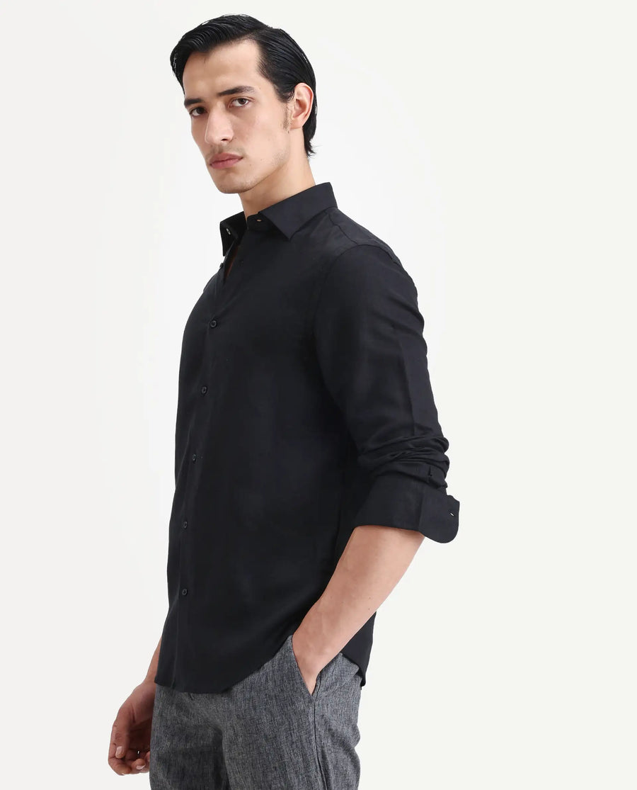 Rare Rabbit Men's Linex Ls Black Linen Blend Fabric Full Sleeve Spread Collar Regular Fit Plain Shirt
