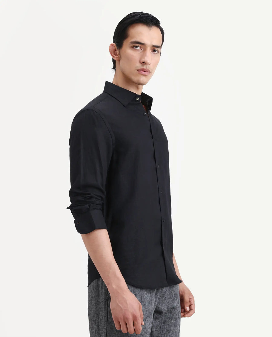 Rare Rabbit Men's Linex Ls Black Linen Blend Fabric Full Sleeve Spread Collar Regular Fit Plain Shirt