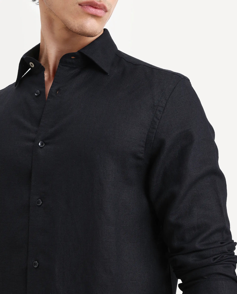 Rare Rabbit Men's Linex Ls Black Linen Blend Fabric Full Sleeve Spread Collar Regular Fit Plain Shirt