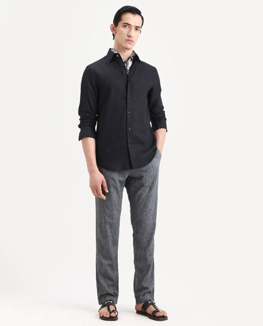 Rare Rabbit Men's Linex Ls Black Linen Blend Fabric Full Sleeve Spread Collar Regular Fit Plain Shirt