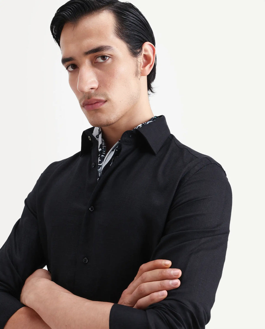 Rare Rabbit Men's Linex Ls Black Linen Blend Fabric Full Sleeve Spread Collar Regular Fit Plain Shirt