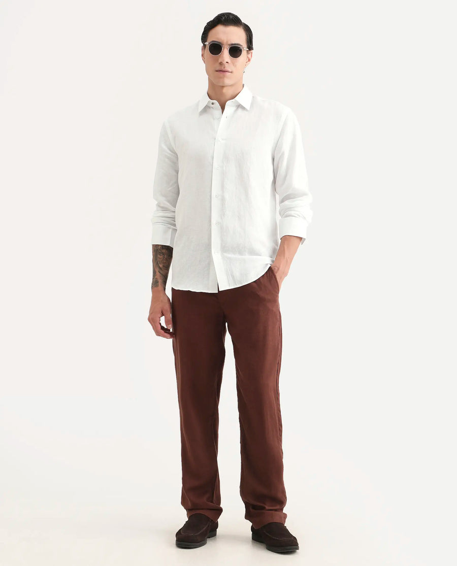 Rare Rabbit Men's Linex Ls White Linen Blend Fabric Full Sleeve Spread Collar Regular Fit Plain Shirt