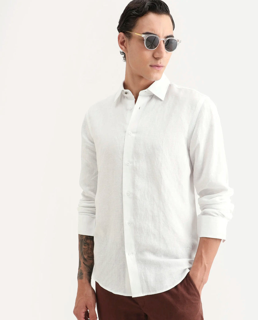Rare Rabbit Men's Linex Ls White Linen Blend Fabric Full Sleeve Spread Collar Regular Fit Plain Shirt