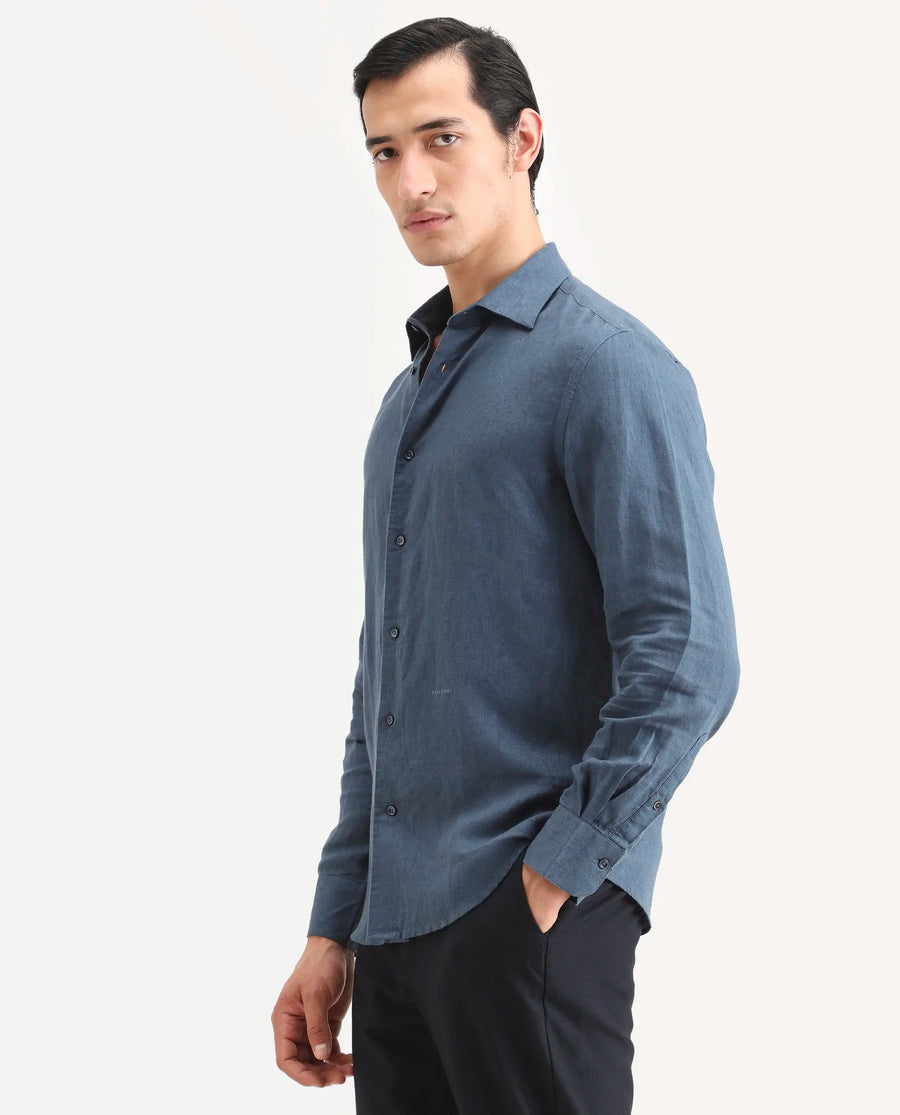 Rare Rabbit Men's Linex Ls Navy Linen Blend Fabric Full Sleeve Spread Collar Regular Fit Plain Shirt
