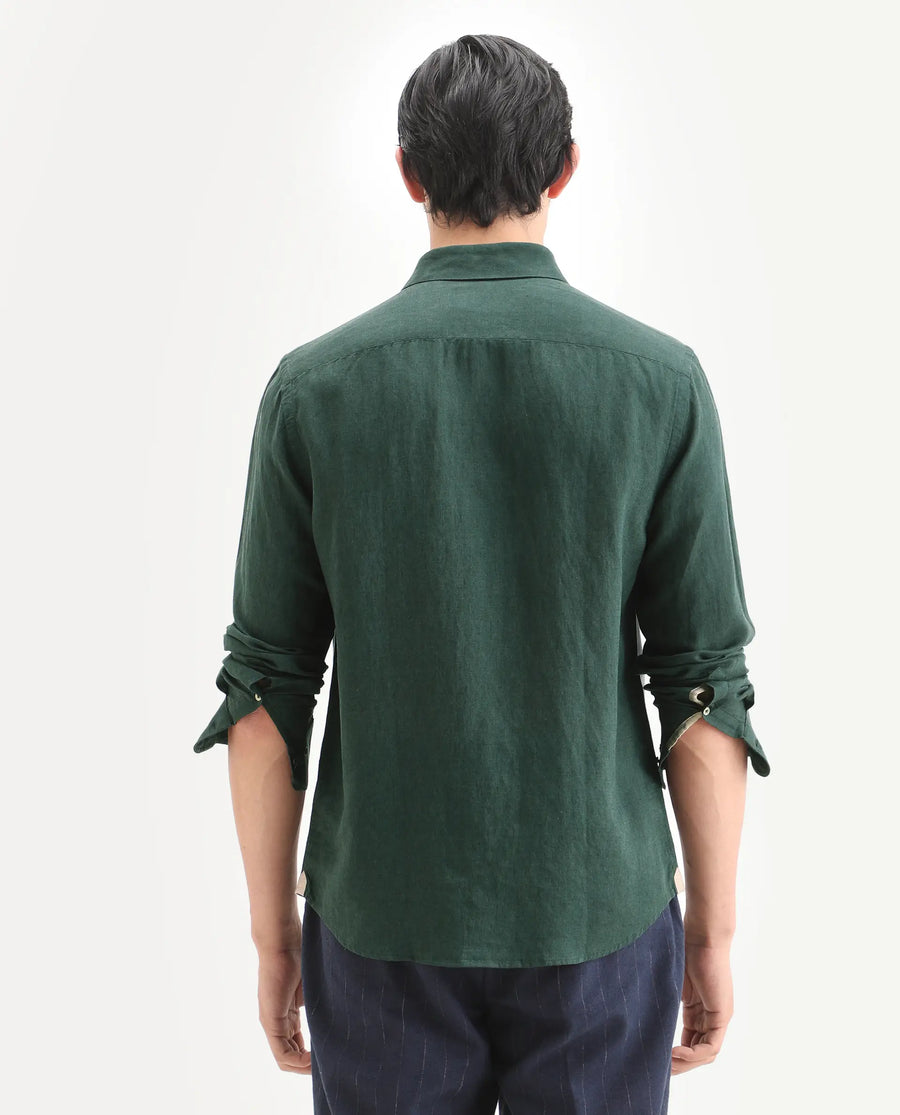 Rare Rabbit Men's Linex Ls Dark Green Linen Blend Fabric Full Sleeve Spread Collar Regular Fit Plain Shirt