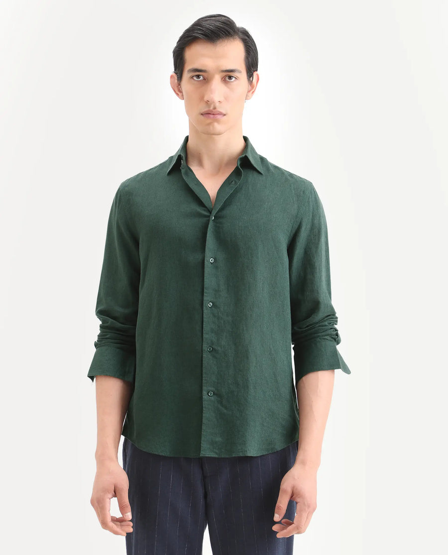 Rare Rabbit Men's Linex Ls Dark Green Linen Blend Fabric Full Sleeve Spread Collar Regular Fit Plain Shirt