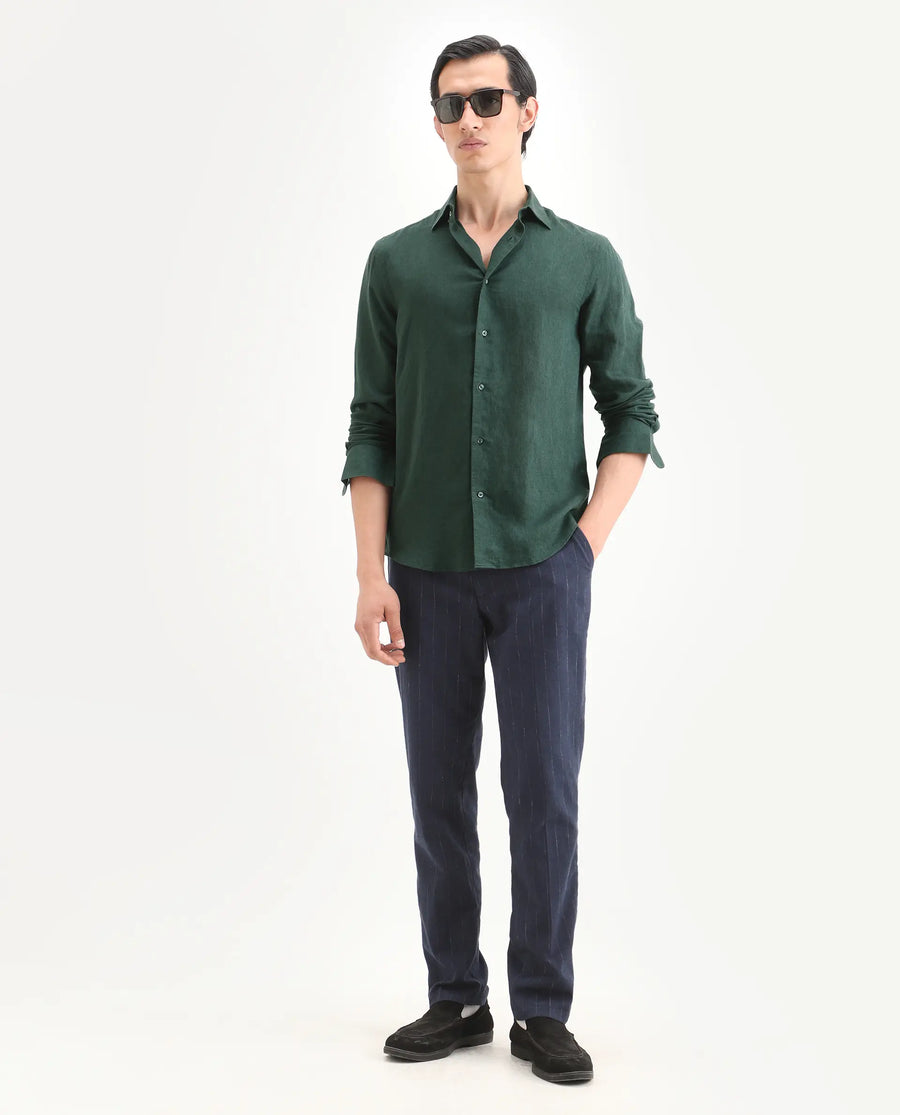 Rare Rabbit Men's Linex Ls Dark Green Linen Blend Fabric Full Sleeve Spread Collar Regular Fit Plain Shirt