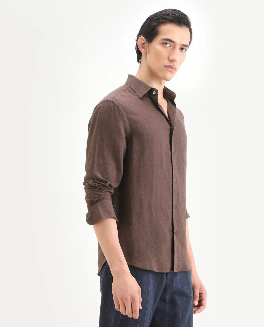 Rare Rabbit Men's Linex Ls Dark Brown Linen Blend Fabric Full Sleeve Spread Collar Regular Fit Plain Shirt