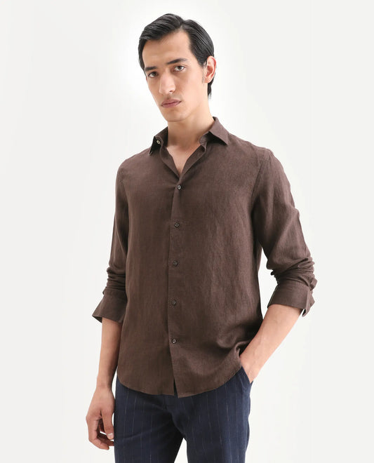 Rare Rabbit Men's Linex Ls Dark Brown Linen Blend Fabric Full Sleeve Spread Collar Regular Fit Plain Shirt