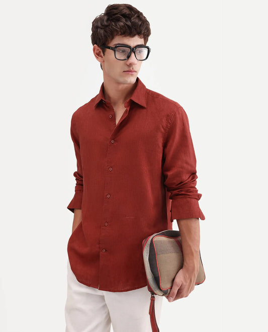 Rare Rabbit Men's Linex Ls Red Linen Blend Fabric Full Sleeve Spread Collar Regular Fit Plain Shirt