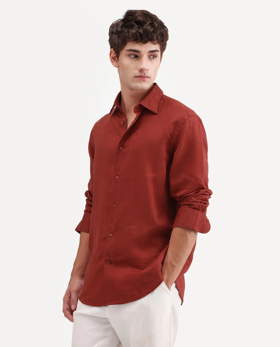 Rare Rabbit Men's Linex Ls Red Linen Blend Fabric Full Sleeve Spread Collar Regular Fit Plain Shirt