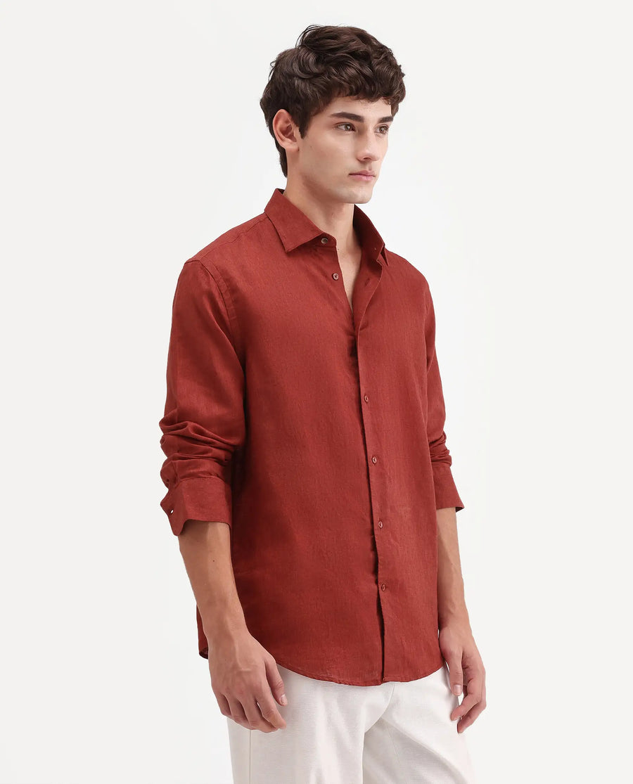 Rare Rabbit Men's Linex Ls Red Linen Blend Fabric Full Sleeve Spread Collar Regular Fit Plain Shirt