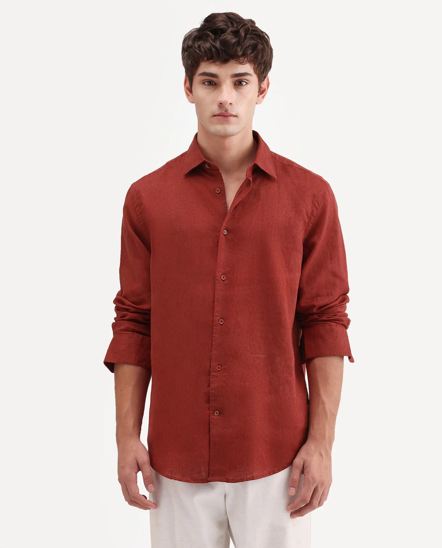 Rare Rabbit Men's Linex Ls Red Linen Blend Fabric Full Sleeve Spread Collar Regular Fit Plain Shirt