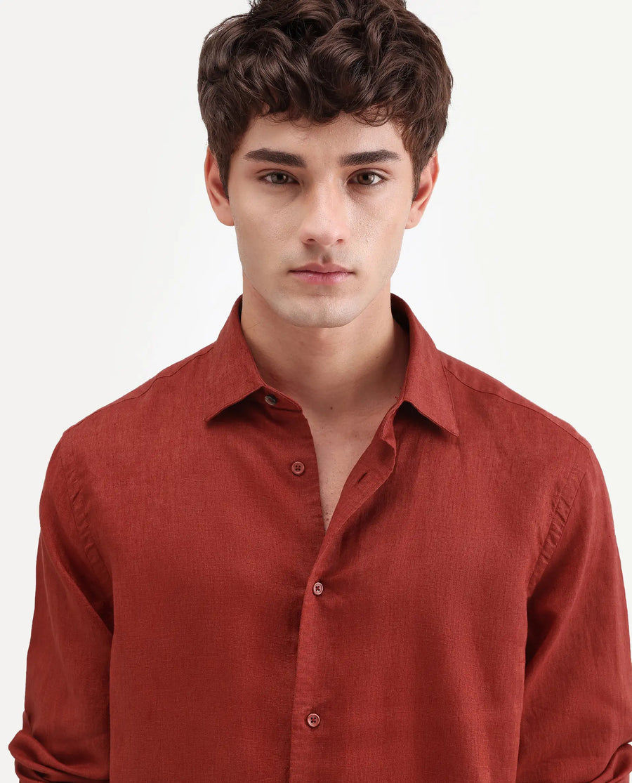 Rare Rabbit Men's Linex Ls Red Linen Blend Fabric Full Sleeve Spread Collar Regular Fit Plain Shirt