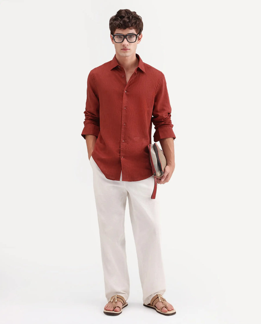 Rare Rabbit Men's Linex Ls Red Linen Blend Fabric Full Sleeve Spread Collar Regular Fit Plain Shirt