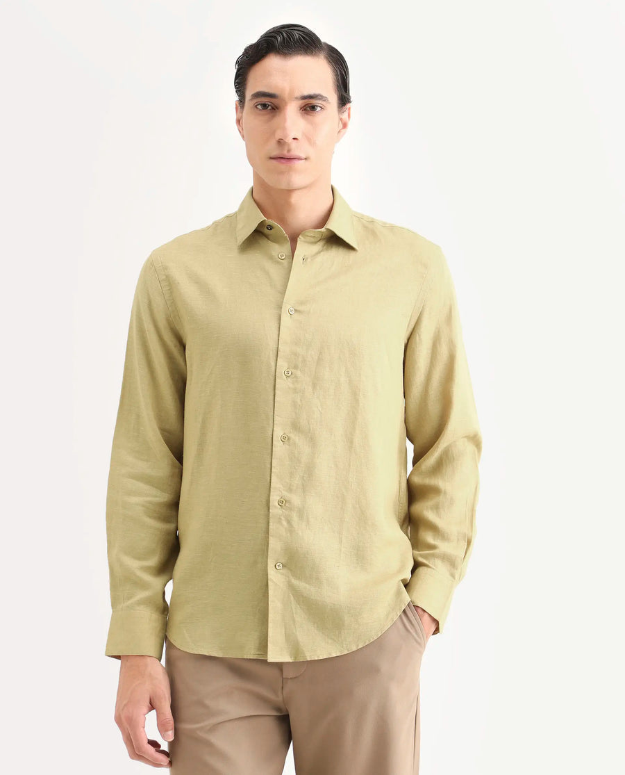 Rare Rabbit Men's Linex Ls Dusky Yellow Linen Blend Fabric Full Sleeve Spread Collar Regular Fit Plain Shirt