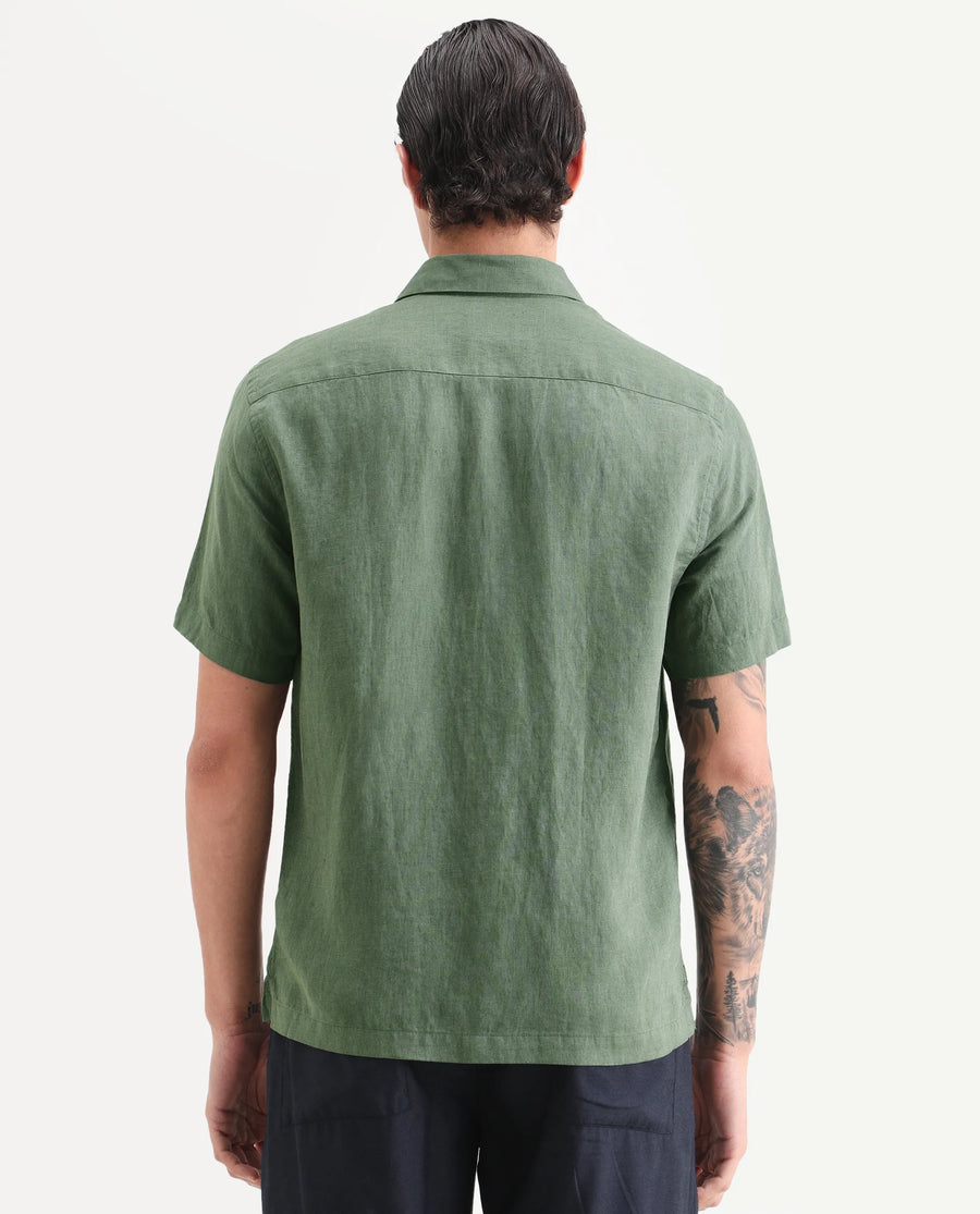 Rare Rabbit Men's Linex Ss Green Linen Blend Fabric Half Sleeve Spread Collar Regular Plain Shirt