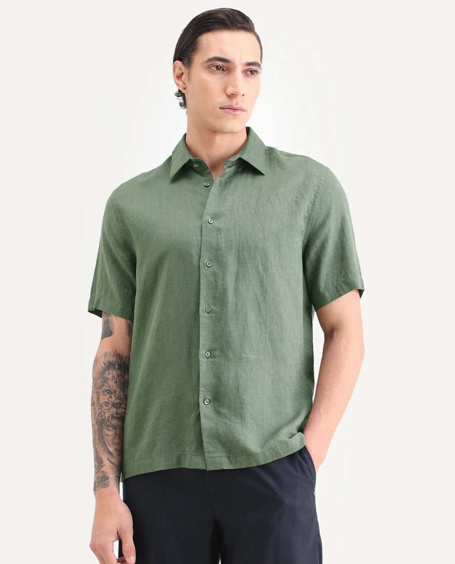 Rare Rabbit Men's Linex Ss Green Linen Blend Fabric Half Sleeve Spread Collar Regular Plain Shirt