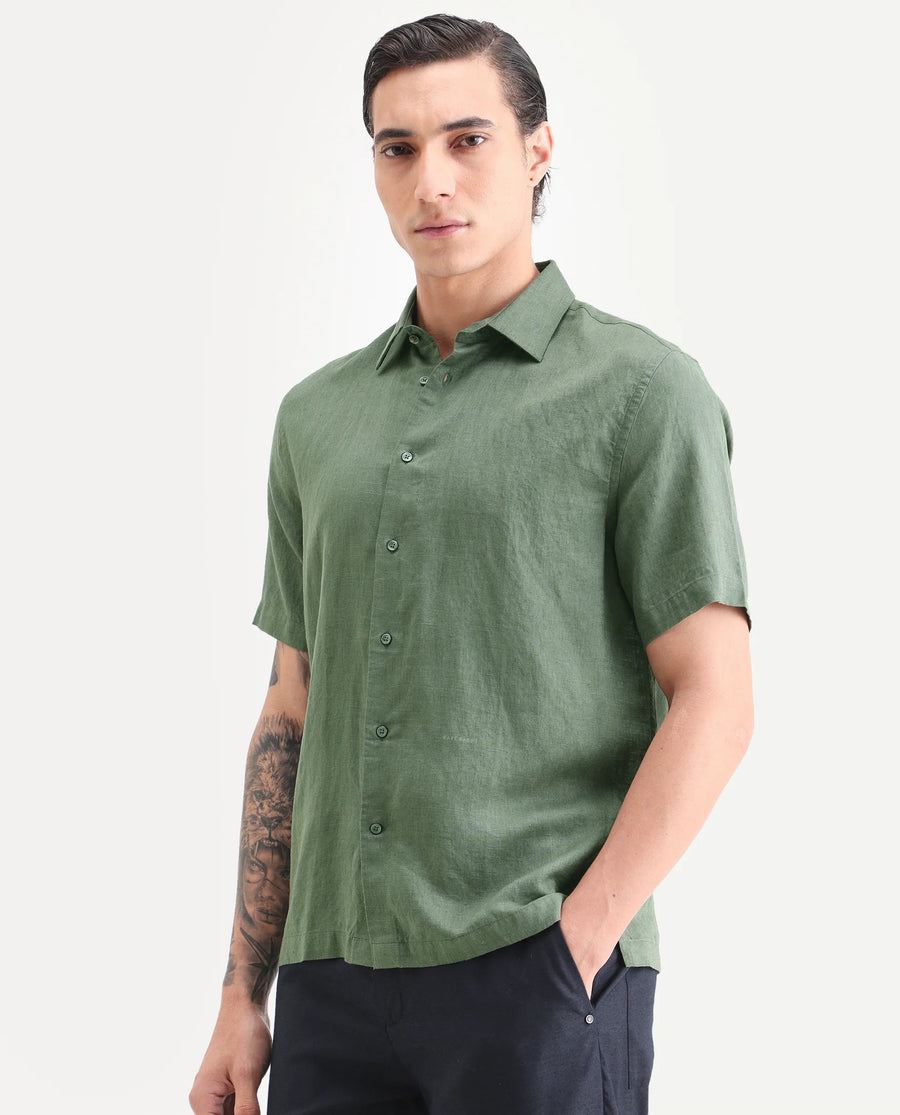 Rare Rabbit Men's Linex Ss Green Linen Blend Fabric Half Sleeve Spread Collar Regular Plain Shirt