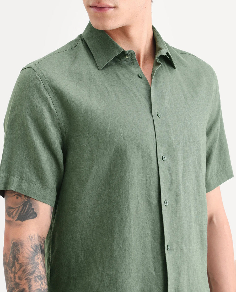 Rare Rabbit Men's Linex Ss Green Linen Blend Fabric Half Sleeve Spread Collar Regular Plain Shirt