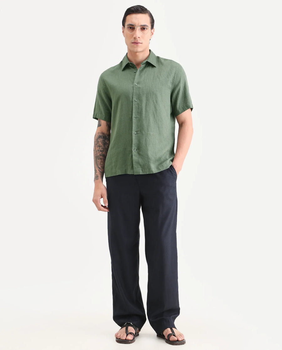 Rare Rabbit Men's Linex Ss Green Linen Blend Fabric Half Sleeve Spread Collar Regular Plain Shirt