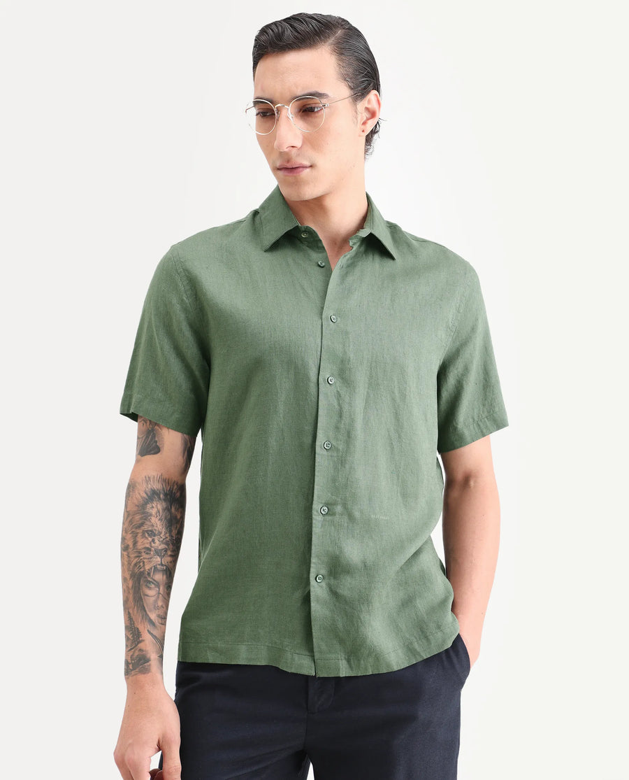 Rare Rabbit Men's Linex Ss Green Linen Blend Fabric Half Sleeve Spread Collar Regular Plain Shirt