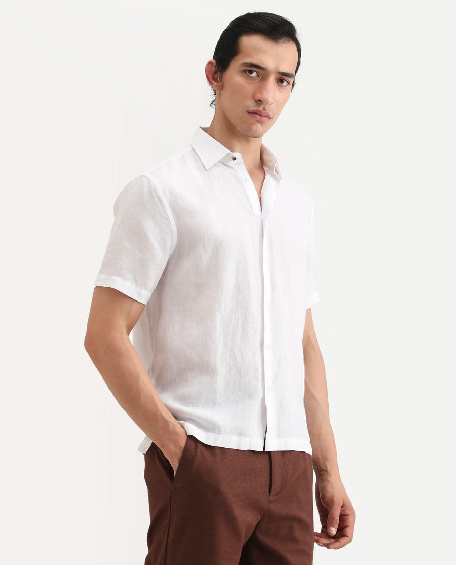 Rare Rabbit Men's Linex Ss White Linen Blend Fabric Half Sleeve Spread Collar Regular Fit Plain Shirt