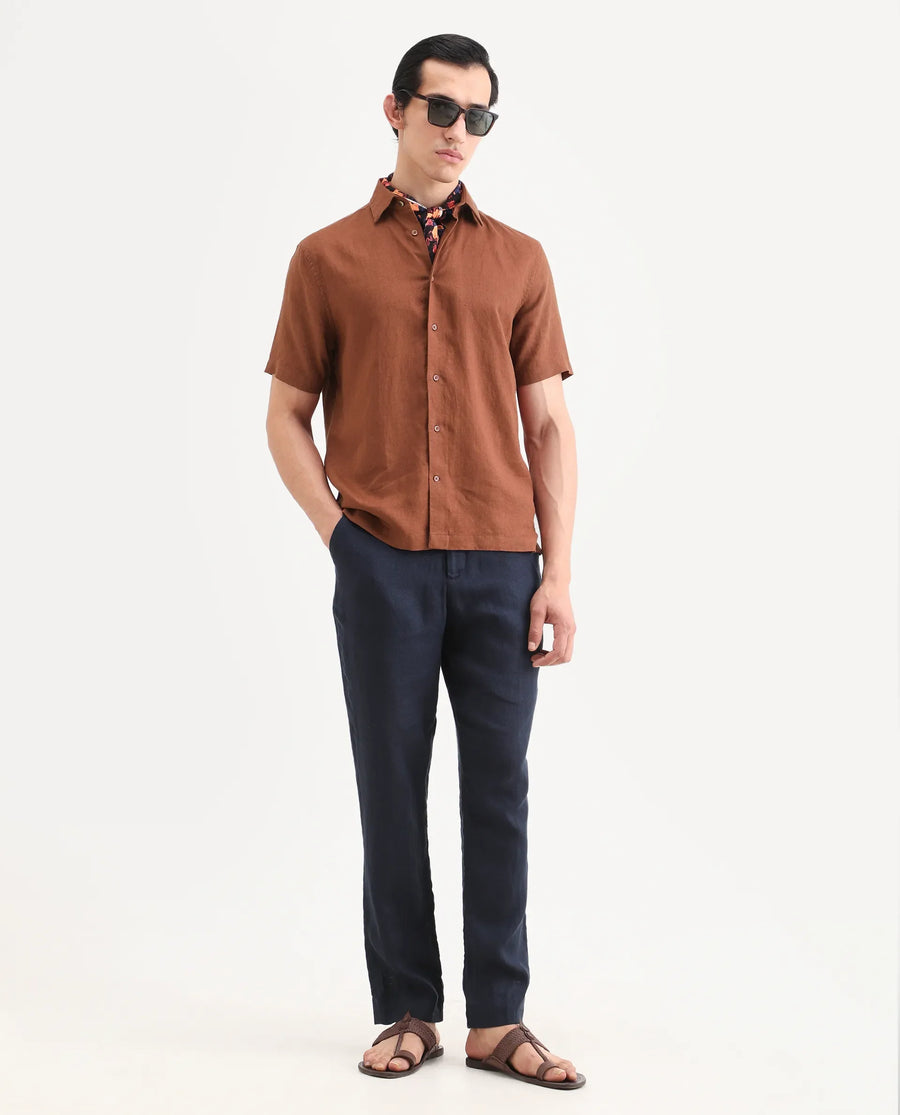 Rare Rabbit Men's Linex Ss Rust Linen Blend Fabric Half Sleeve Spread Collar Regular Plain Shirt