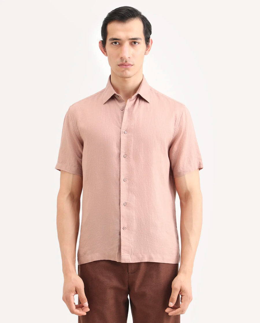 Rare Rabbit Men's Linex Ss Dusky Peach Linen Blend Fabric Half Sleeve Spread Collar Regular Plain Shirt