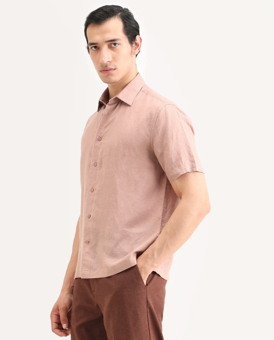 Rare Rabbit Men's Linex Ss Dusky Peach Linen Blend Fabric Half Sleeve Spread Collar Regular Plain Shirt