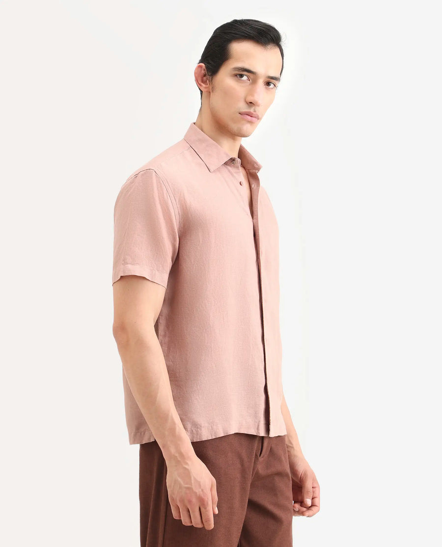 Rare Rabbit Men's Linex Ss Dusky Peach Linen Blend Fabric Half Sleeve Spread Collar Regular Plain Shirt
