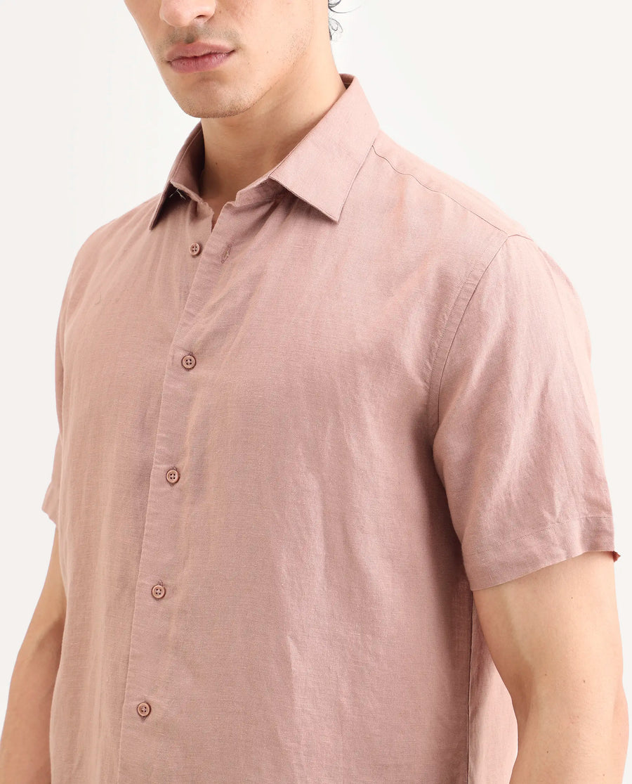 Rare Rabbit Men's Linex Ss Dusky Peach Linen Blend Fabric Half Sleeve Spread Collar Regular Plain Shirt