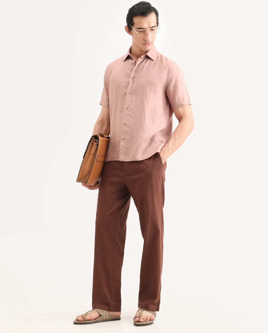 Rare Rabbit Men's Linex Ss Dusky Peach Linen Blend Fabric Half Sleeve Spread Collar Regular Plain Shirt