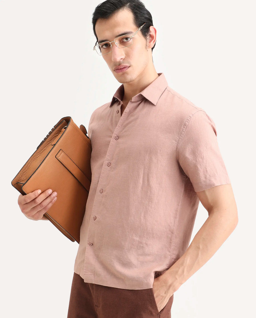 Rare Rabbit Men's Linex Ss Dusky Peach Linen Blend Fabric Half Sleeve Spread Collar Regular Plain Shirt