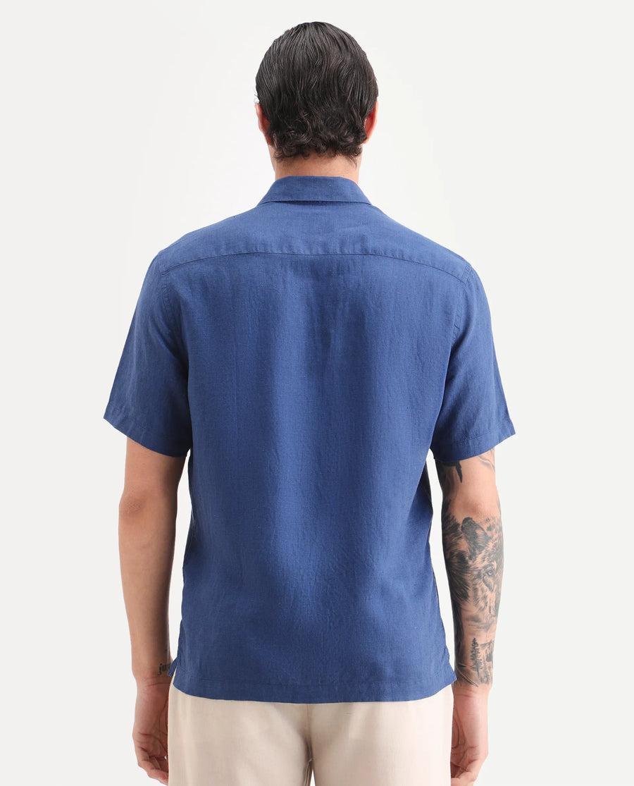 Rare Rabbit Men's Linex Ss Blue Linen Blend Fabric Half Sleeve Spread Collar Regular Plain Shirt