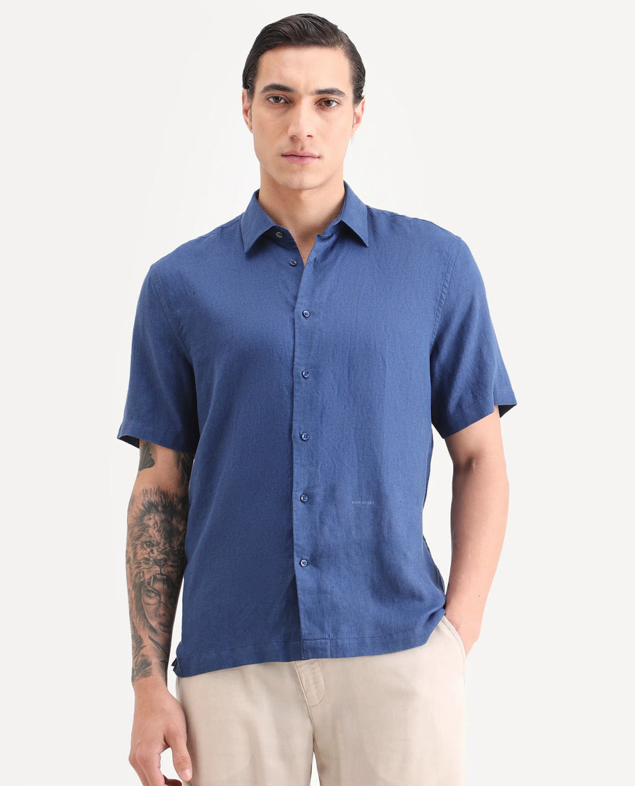 Rare Rabbit Men's Linex Ss Blue Linen Blend Fabric Half Sleeve Spread Collar Regular Plain Shirt