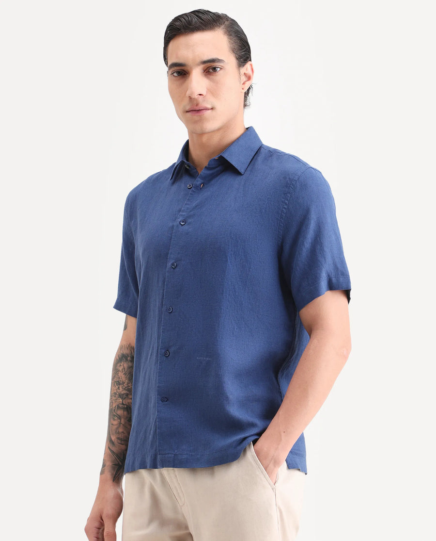 Rare Rabbit Men's Linex Ss Blue Linen Blend Fabric Half Sleeve Spread Collar Regular Plain Shirt