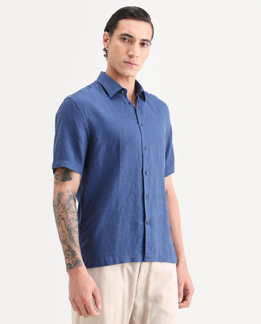Rare Rabbit Men's Linex Ss Blue Linen Blend Fabric Half Sleeve Spread Collar Regular Plain Shirt