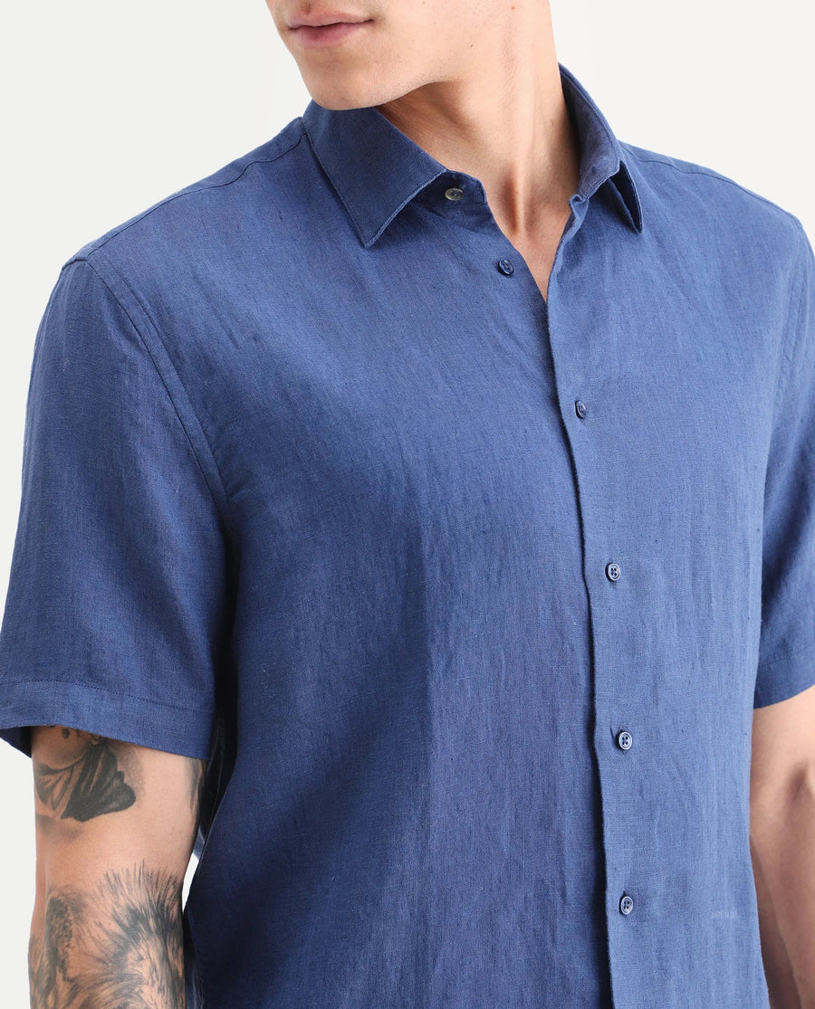 Rare Rabbit Men's Linex Ss Blue Linen Blend Fabric Half Sleeve Spread Collar Regular Plain Shirt